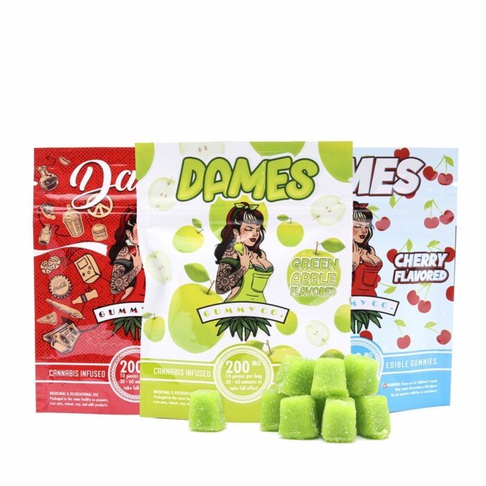 3 colourful packages of Dames Sour Gummies.